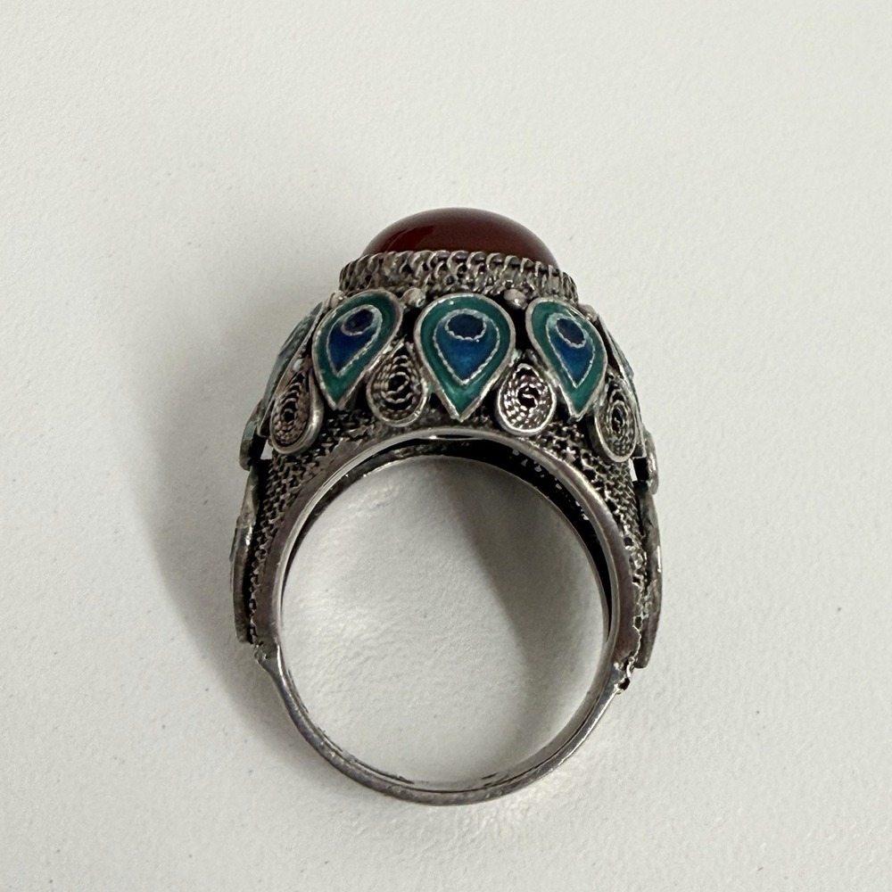 Vintage Chinese Export Sterling Filigree Enamel Carnelian Ring by BJ Size 7 - Picture 7 of 12